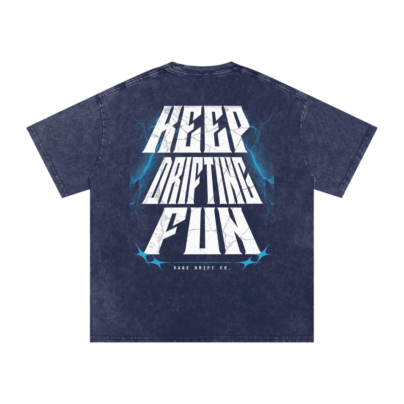 Navy blue t-shirt with white text 'Keep Drifting Fun' on a white background