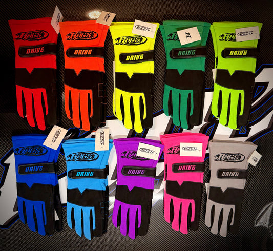 Colorful gloves with 'Drive' branding on a dark background