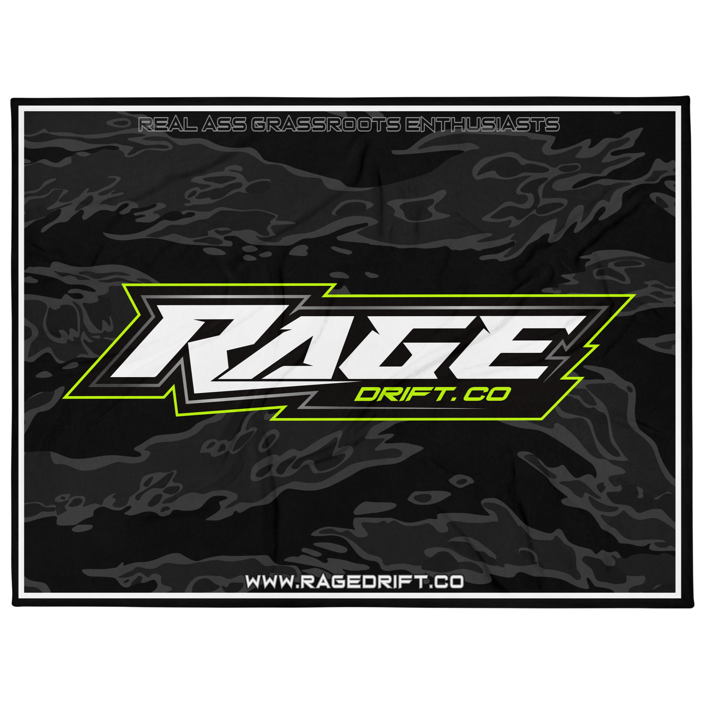 Black flag with 'RAGE Drift Co' logo and text on a white background