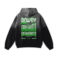 Black hoodie with green and white text on the back against a white background