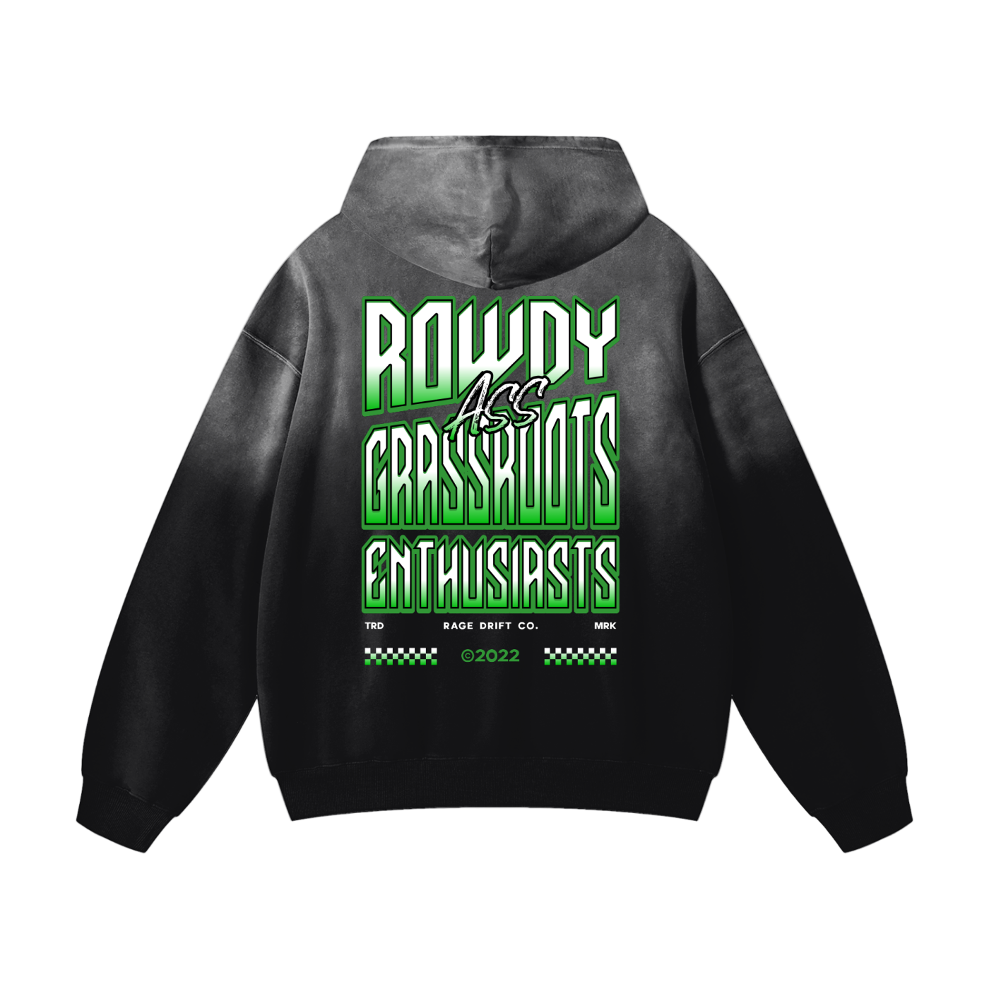 Black hoodie with green and white text on the back against a white background