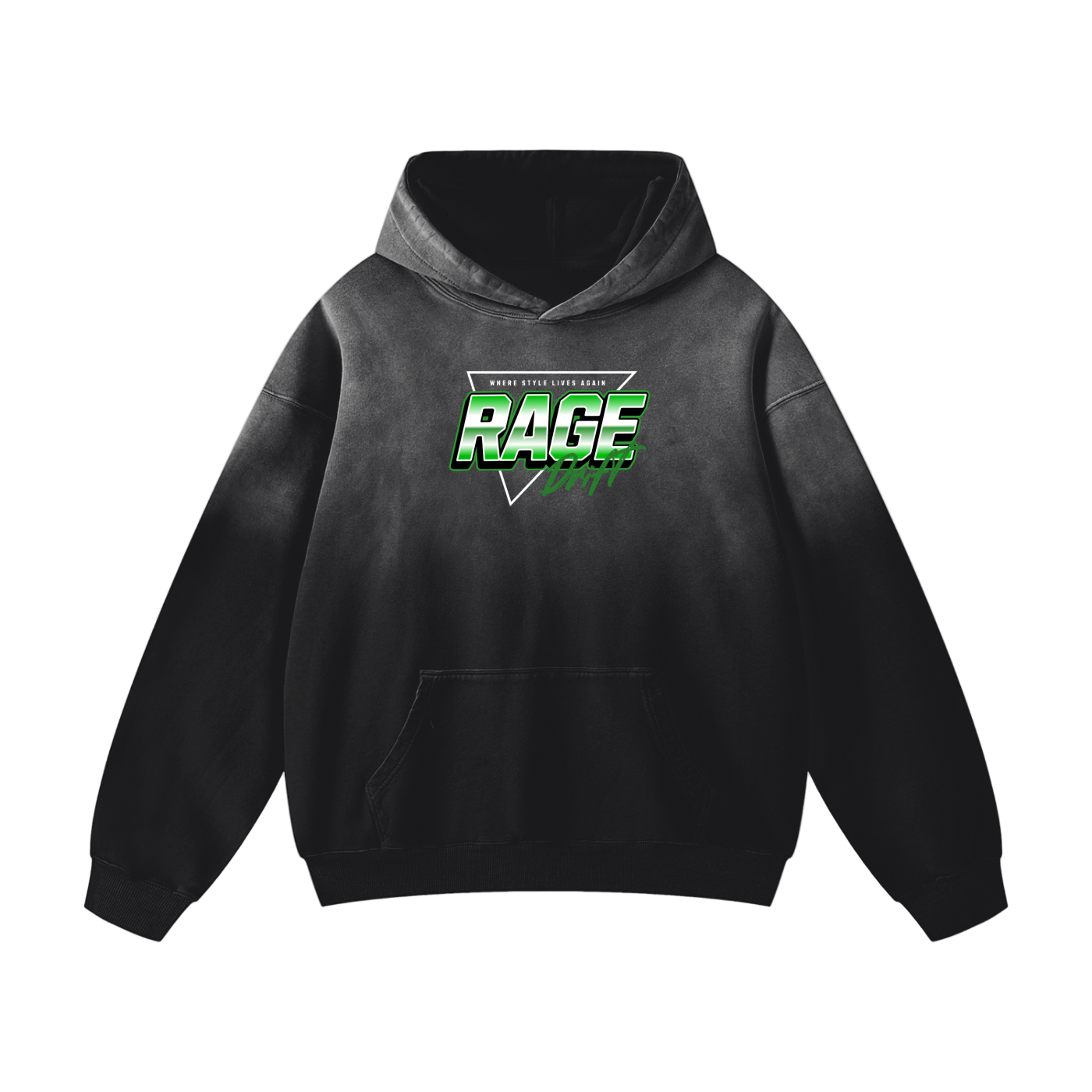 Black hoodie with 'RAGE' logo on a white background