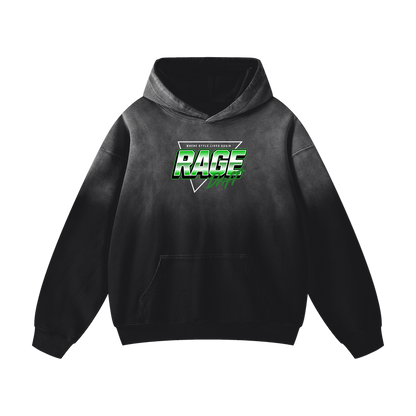 Black hoodie with 'RAGE' logo on a white background