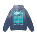 Blue hoodie with text on the back against a white background
