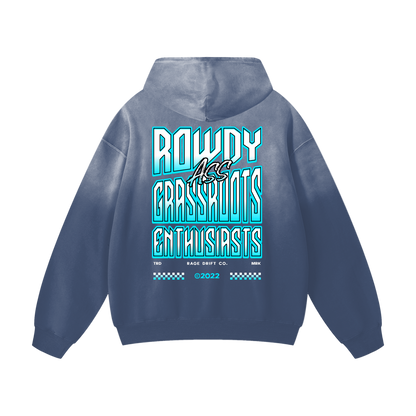 Blue hoodie with text on the back against a white background