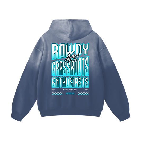 Blue hoodie with text on the back against a white background