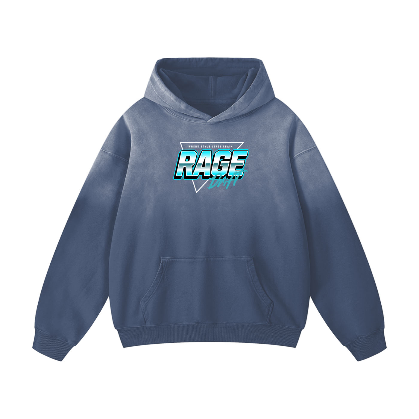 Blue hoodie with 'RAGE' logo on a white background