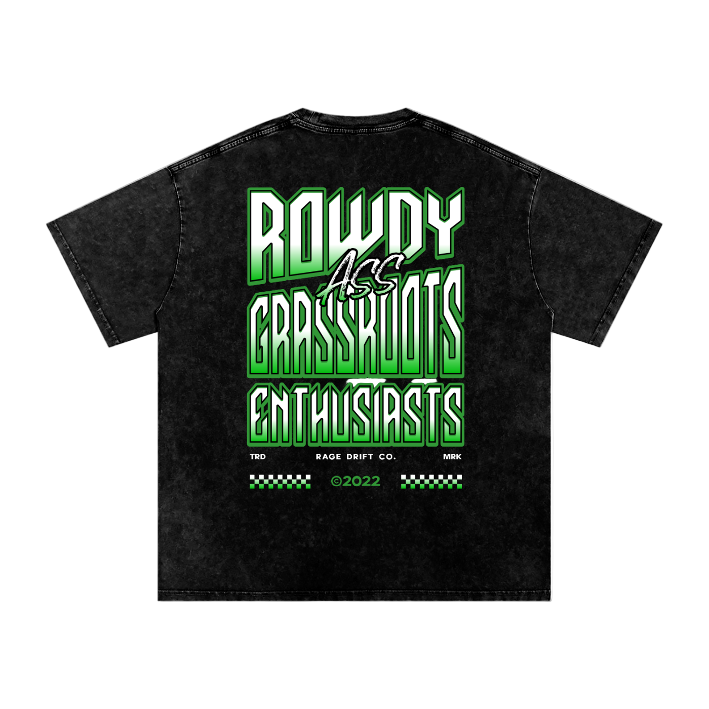 Black t-shirt with green and white text on a white background