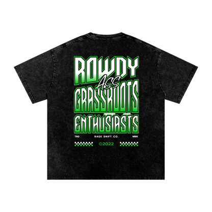 Black t-shirt with green and white text on a white background