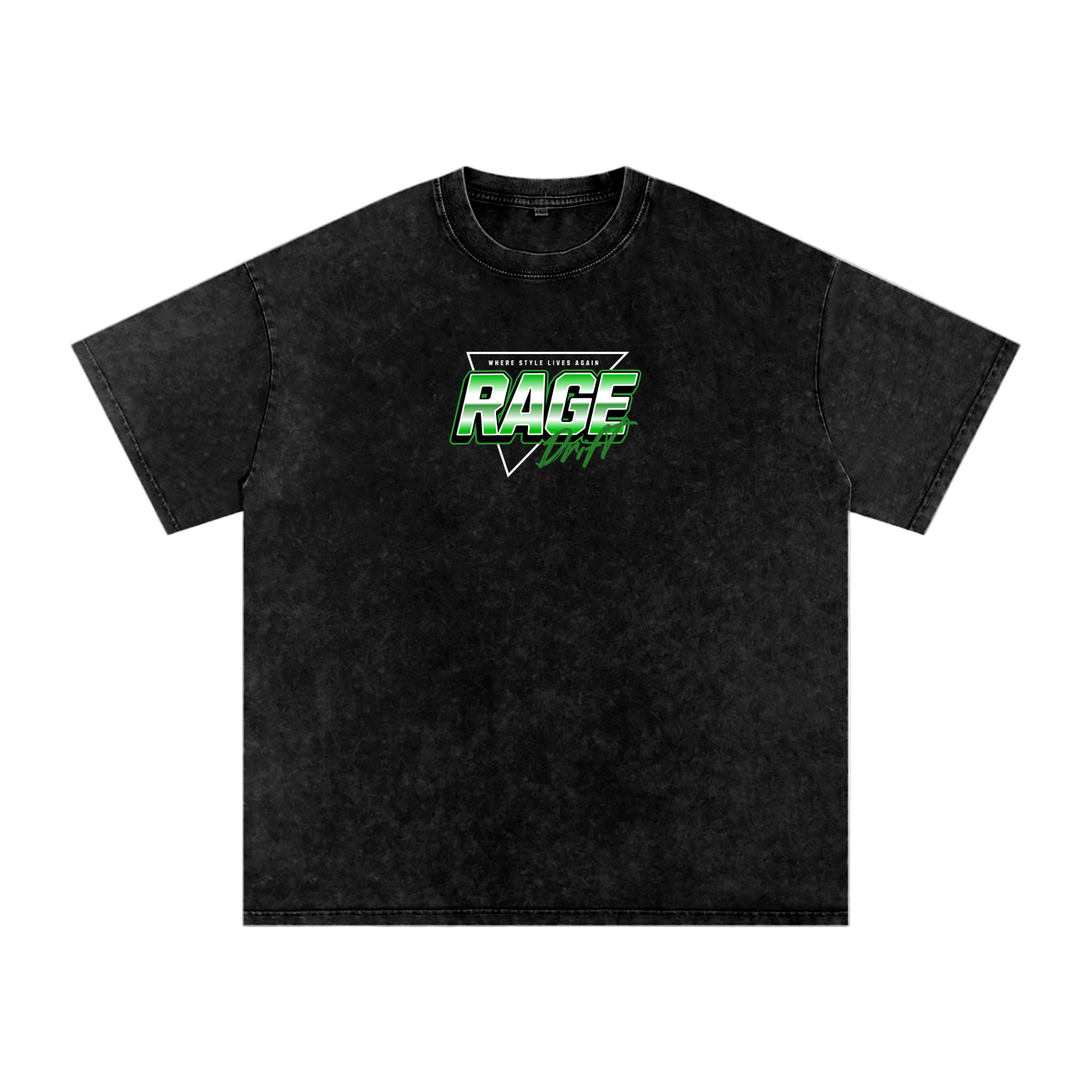 Black t-shirt with 'RAGE' logo on a white background