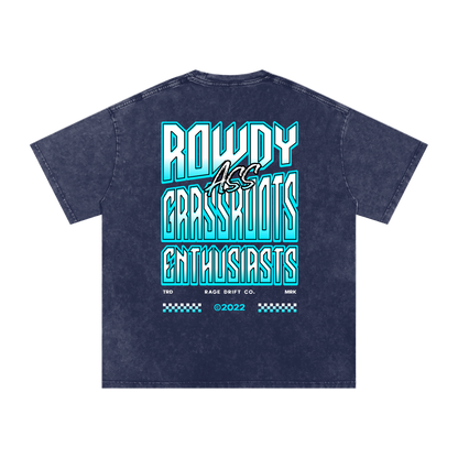 Blue t-shirt with text design on a white background