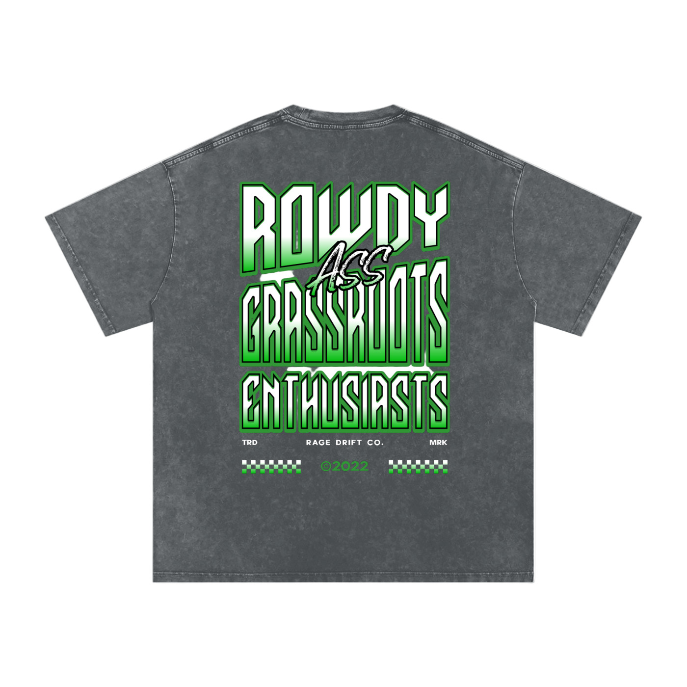 Gray t-shirt with green and white text on the back on a white background