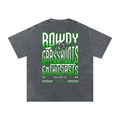 Gray t-shirt with green and white text on the back on a white background