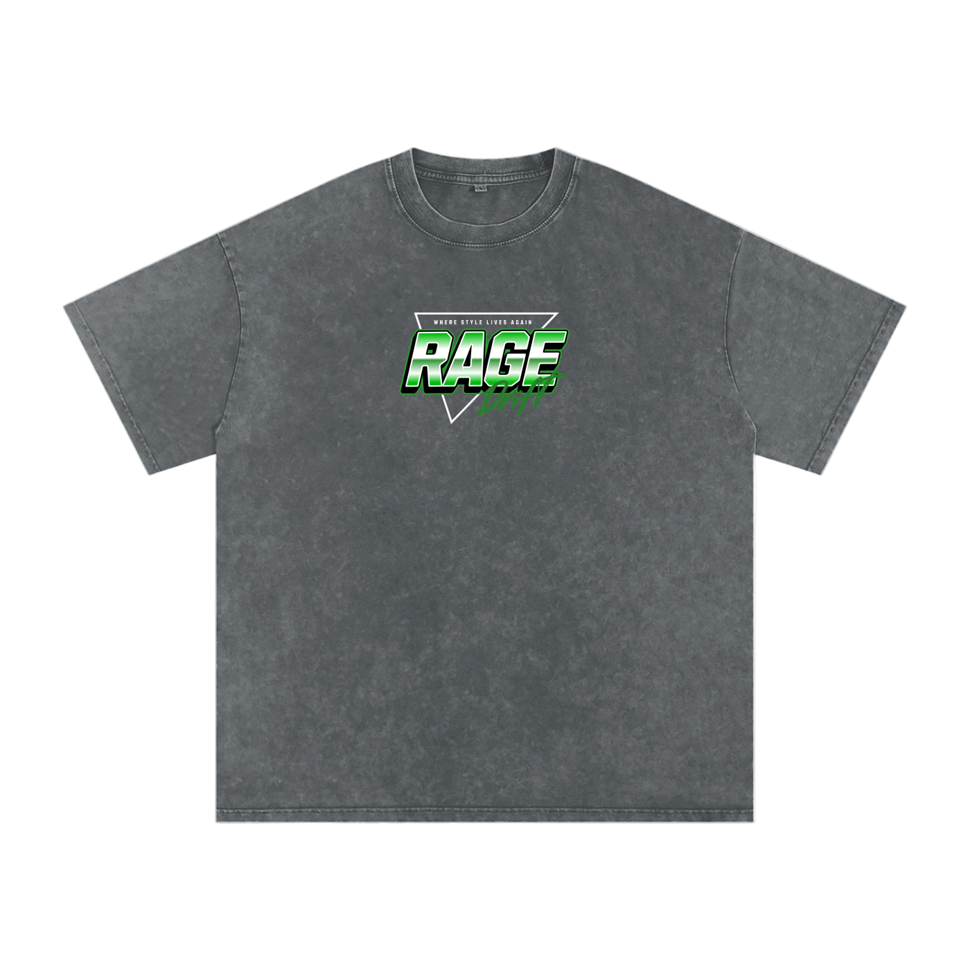 Gray t-shirt with 'RAGE' logo on a white background