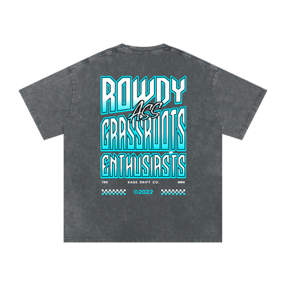 Gray t-shirt with blue and white text on the back on a white background