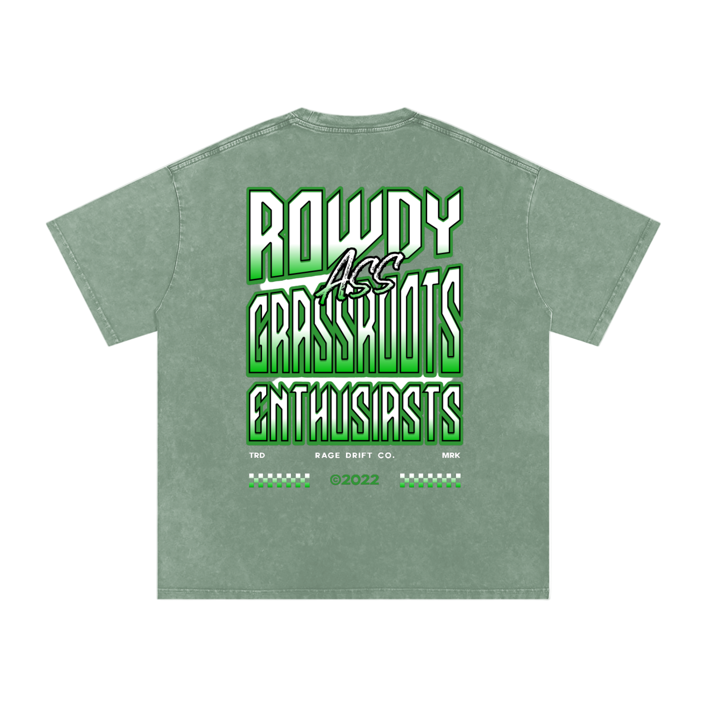 Green t-shirt with text on the back on a white background