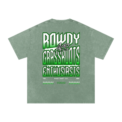 Green t-shirt with text on the back on a white background