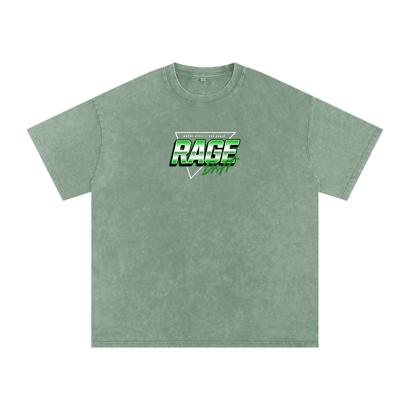 Green t-shirt with 'RAGE' logo on a white background