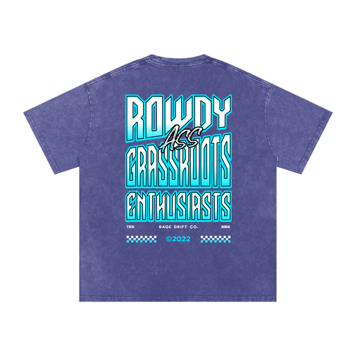 Purple t-shirt with blue and white text on a white background