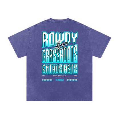 Purple t-shirt with blue and white text on a white background