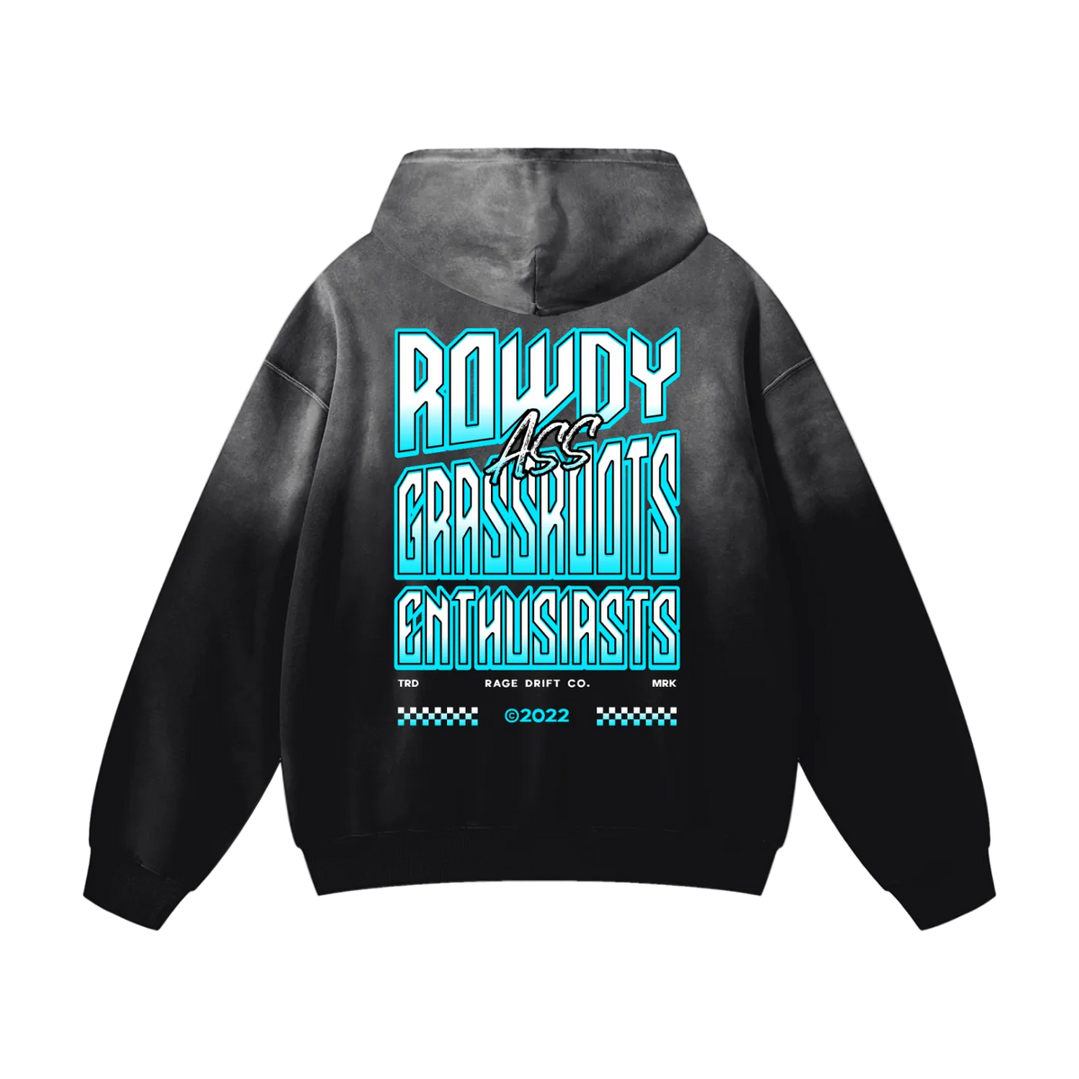 A black and gray gradient hoodie shown from the back, featuring a large graphic print in light blue and white that reads 'ROWDY Ass GRASSHOTS ENTHUSIASTS' with smaller text below.