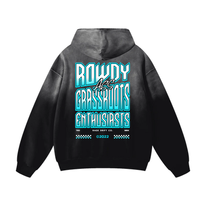 A black and gray gradient hoodie shown from the back, featuring a large graphic print in light blue and white that reads 'ROWDY Ass GRASSHOTS ENTHUSIASTS' with smaller text below.