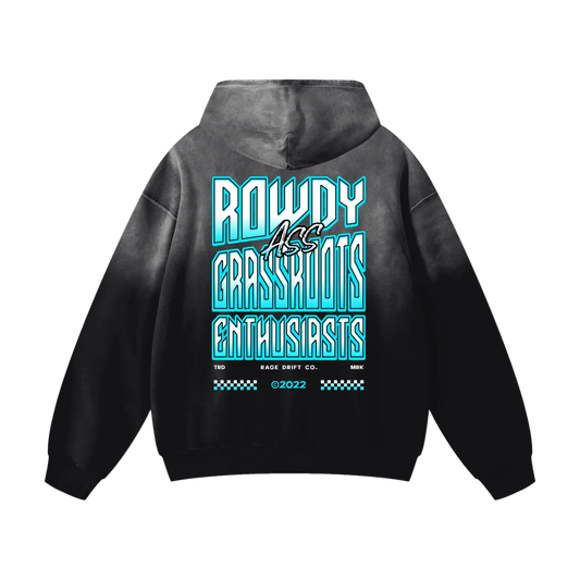 A black and gray gradient hoodie shown from the back, featuring a large graphic print in light blue and white that reads 'ROWDY Ass GRASSHOTS ENTHUSIASTS' with smaller text below.
