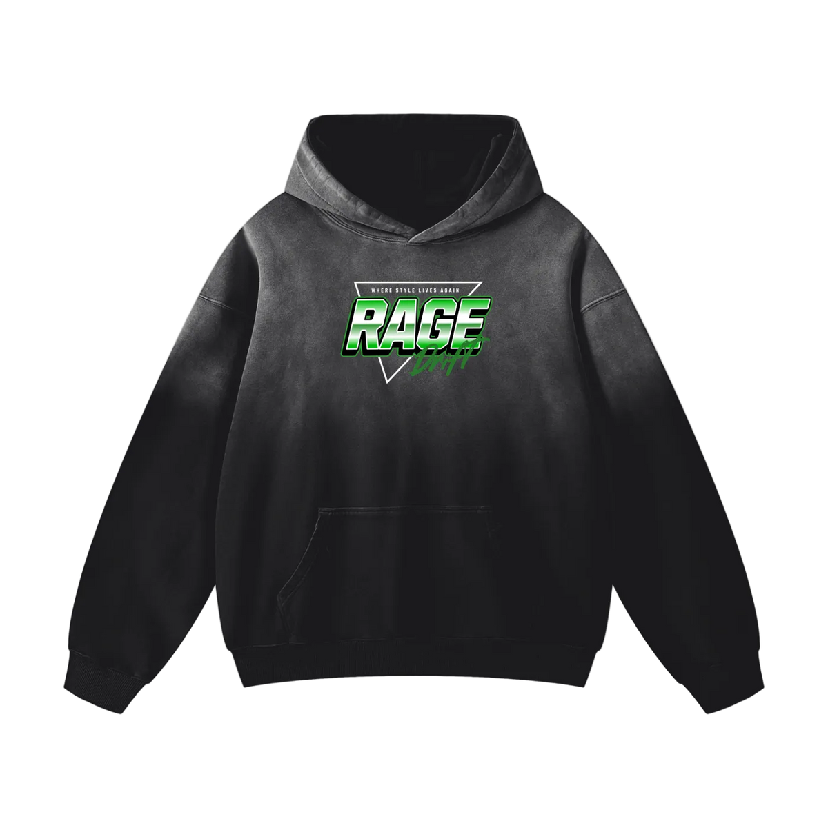 A black and dark gray gradient hoodie with a green and white 'RAGE RACING' graphic on the chest, displayed on a solid white background.