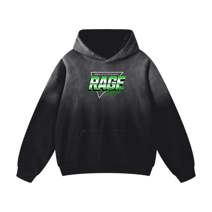 A black and dark gray gradient hoodie with a green and white 'RAGE RACING' graphic on the chest, displayed on a solid white background.