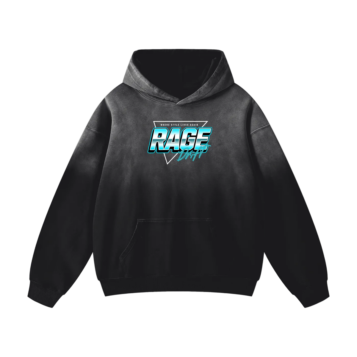 A black gradient hoodie with a front kangaroo pocket and a stylized 'RAGE RACING' graphic on the chest in blue, white, and gray, shown against a plain white background.