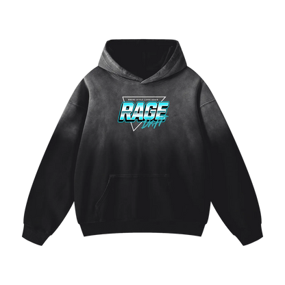 A black gradient hoodie with a front kangaroo pocket and a stylized 'RAGE RACING' graphic on the chest in blue, white, and gray, shown against a plain white background.
