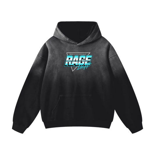 A black gradient hoodie with a front kangaroo pocket and a stylized 'RAGE RACING' graphic on the chest in blue, white, and gray, shown against a plain white background.