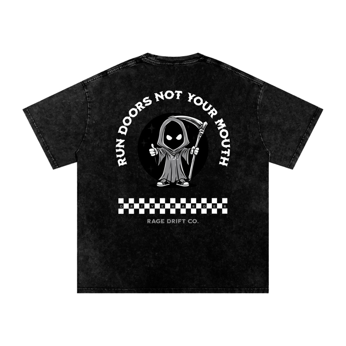 Black t-shirt with graphic design and text on a white background