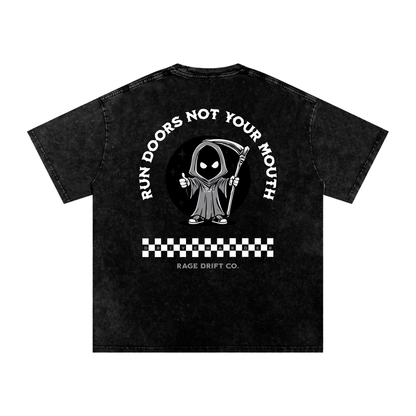 Black t-shirt with graphic design and text on a white background