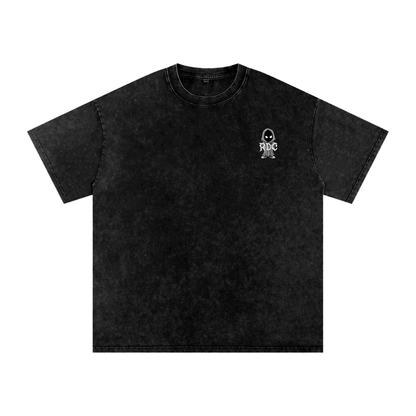 Black t-shirt with a small white logo on a white background