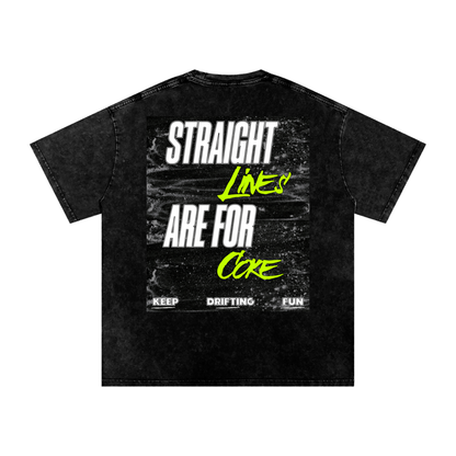 Black t-shirt with text design on a white background