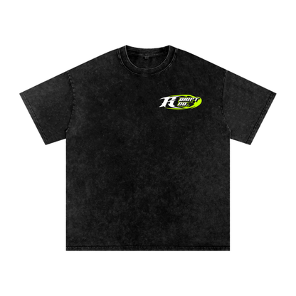 Black t-shirt with a logo on the chest against a white background