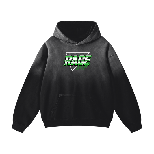 Black hoodie with 'RAGE' logo on a white background