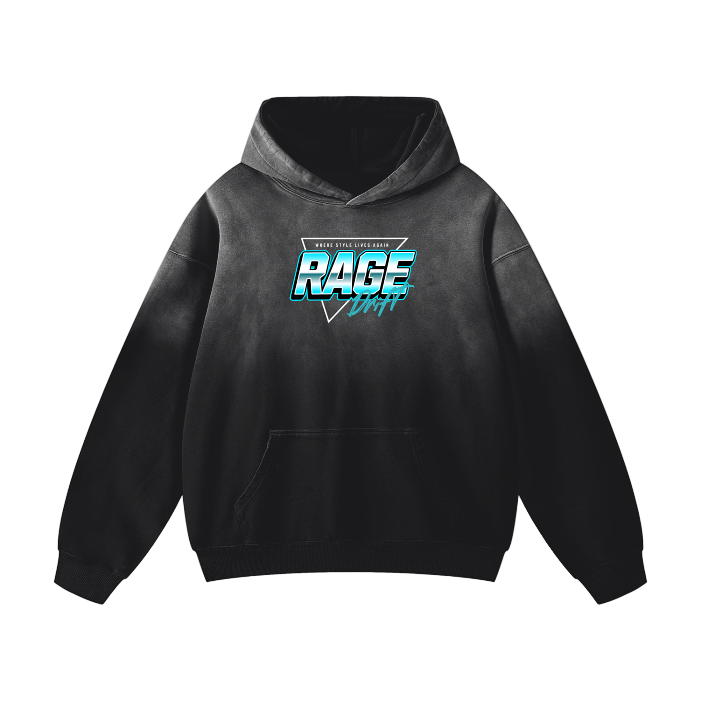 Black hoodie with 'RAGE' logo on a white background