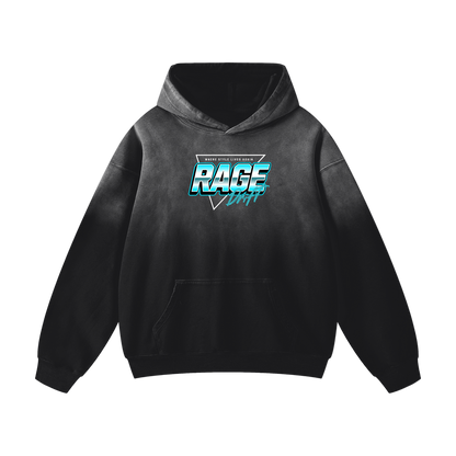 Black hoodie with 'RAGE' logo on a white background
