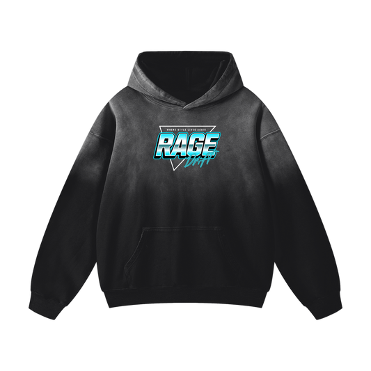 Black hoodie with 'RAGE' logo on a white background