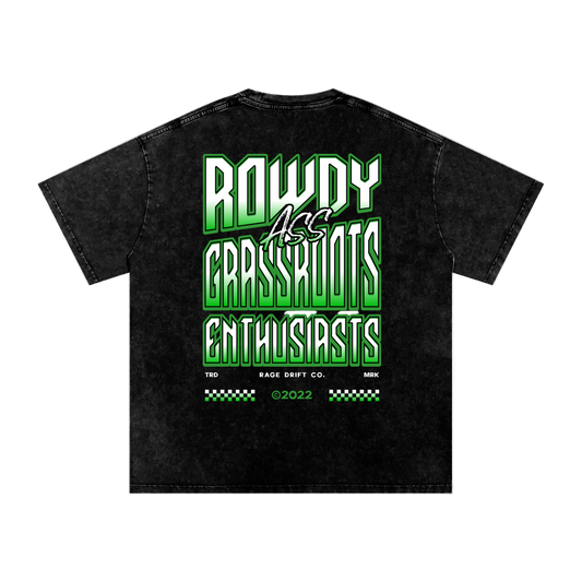 Black t-shirt with green and white text on a white background