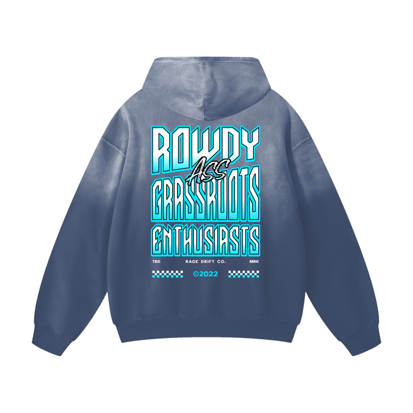 Blue hoodie with text on the back against a white background