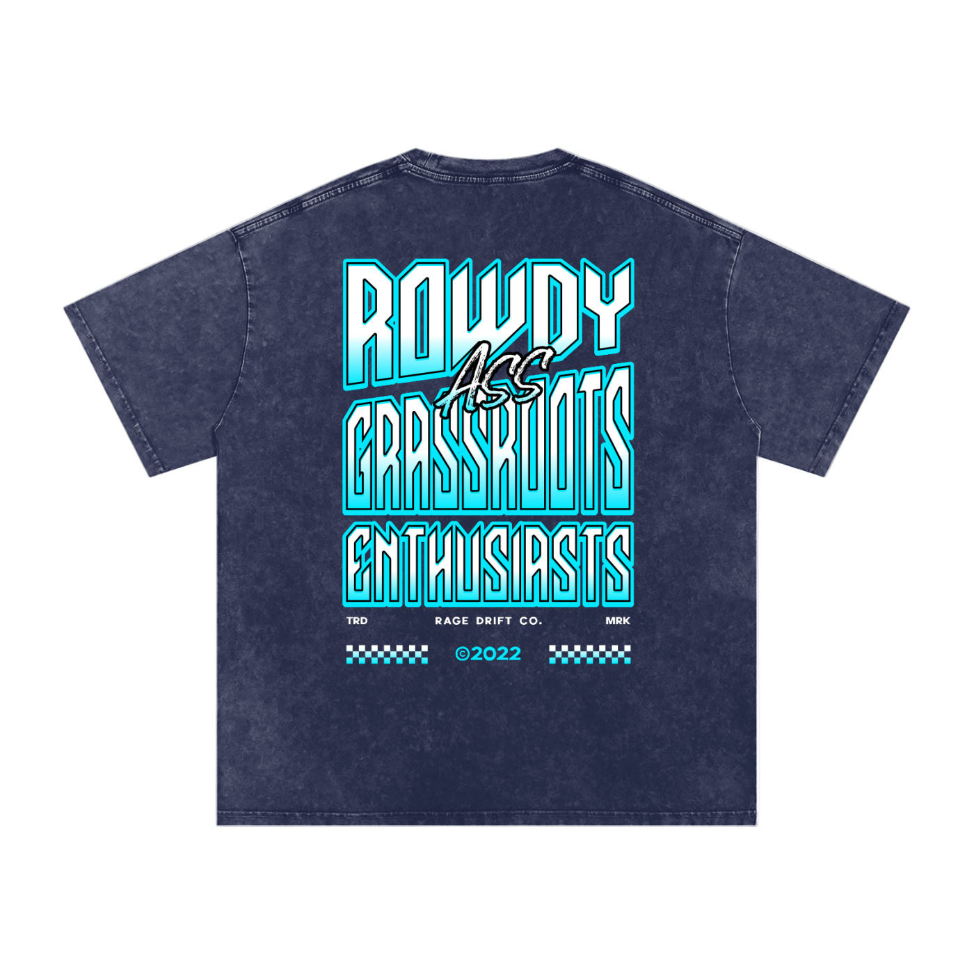 Blue t-shirt with text design on a white background